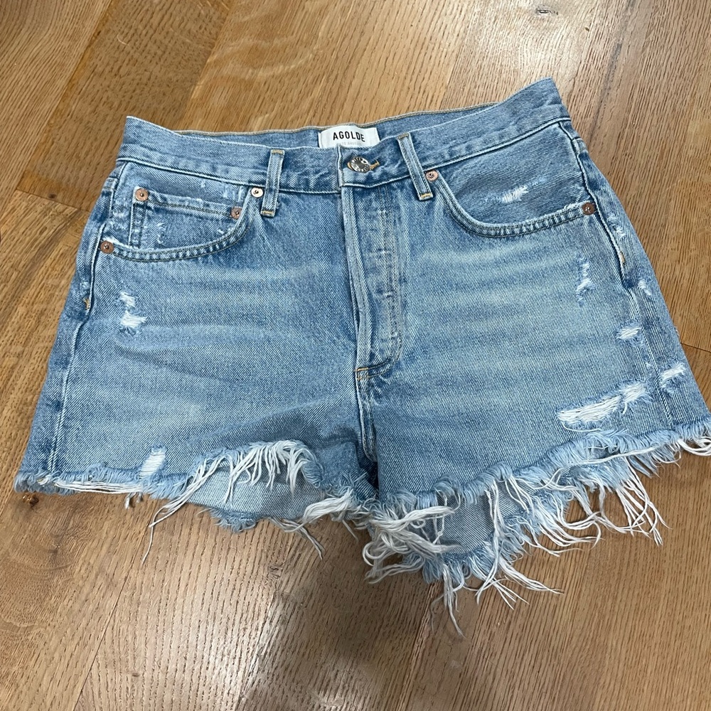 Agolde Parker Blue Jean Shorts with Distressed Hem